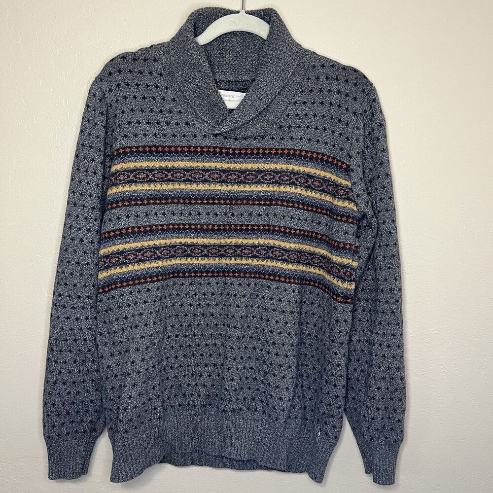 Levi's Pullover Sweater Men Size M Gray Fair Isle Birds Eye Shawl Neck Rib Knit